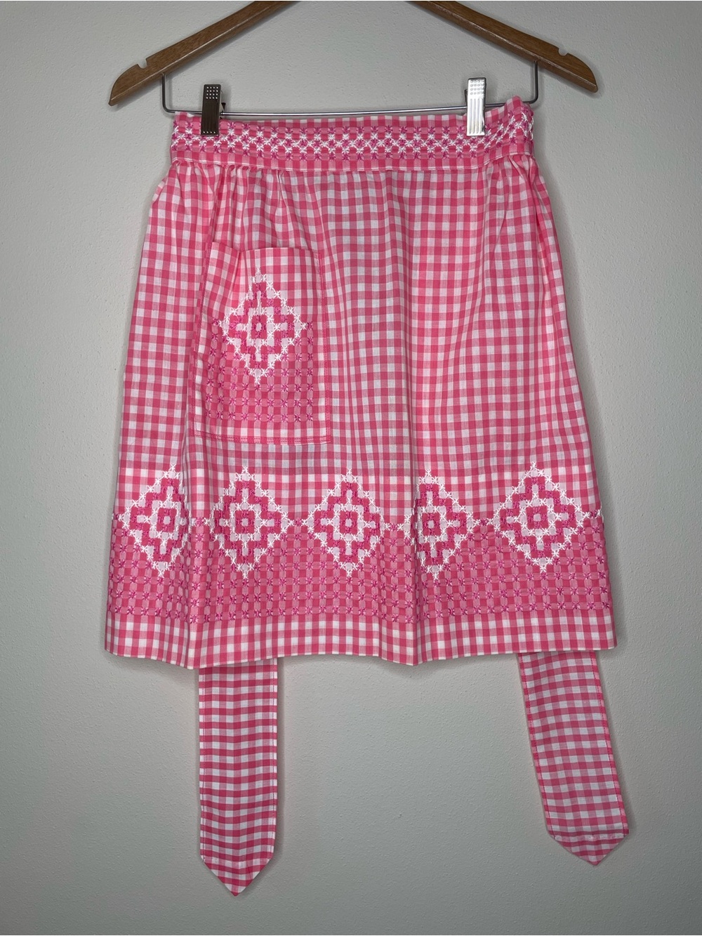 Pink Gingham Embroidered Tea or Half Apron with Chicken Scratch Stitching